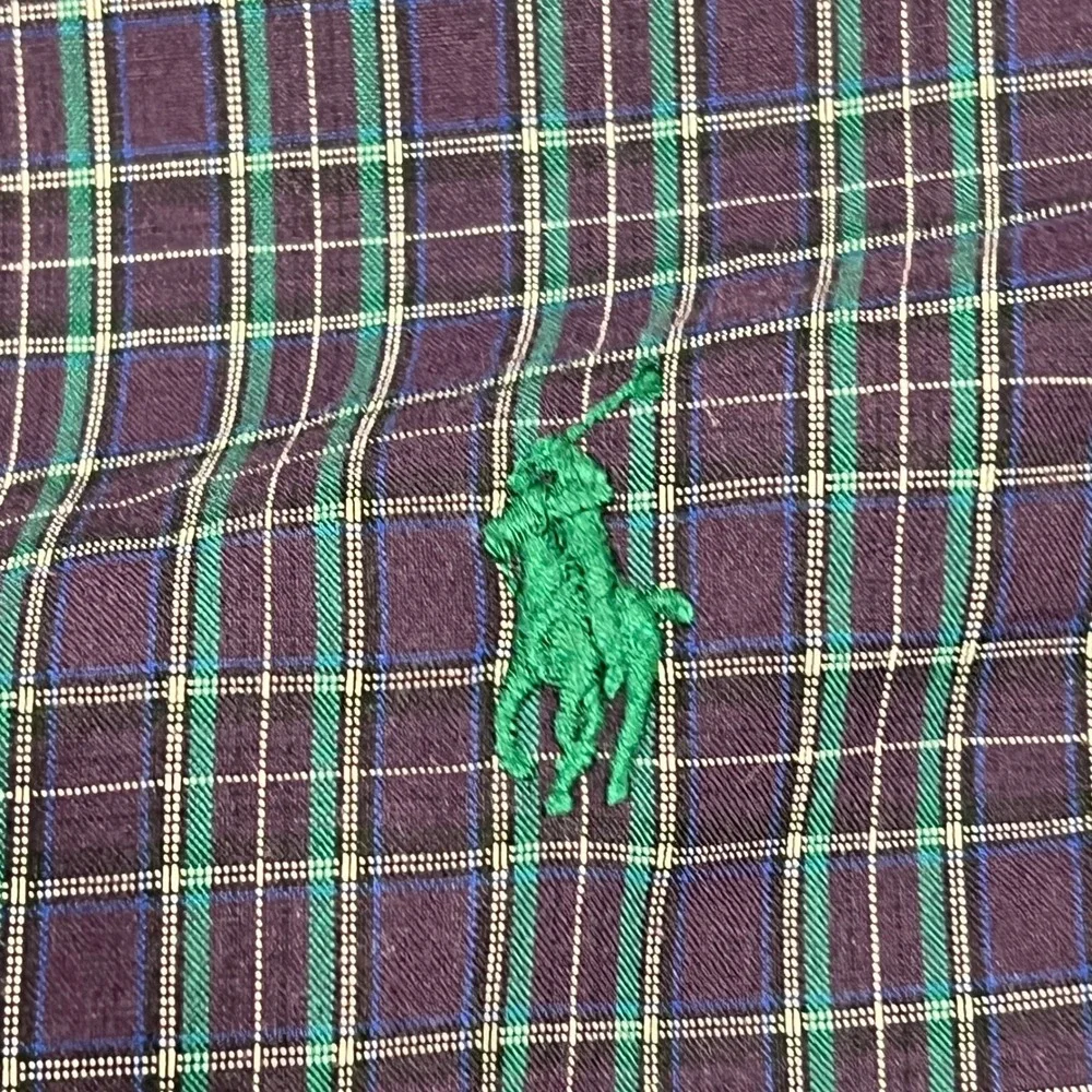 Ralph Lauren Mens Custom Fit Plaid Button Down Shirt Purple Green Cotton Large